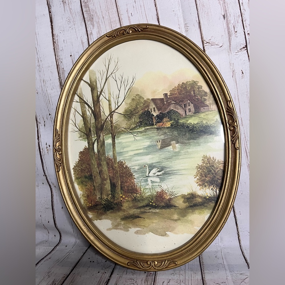 Ornate framed Print Of FRANK MASSA Painting Lake Cottage Swan 1980's Oval